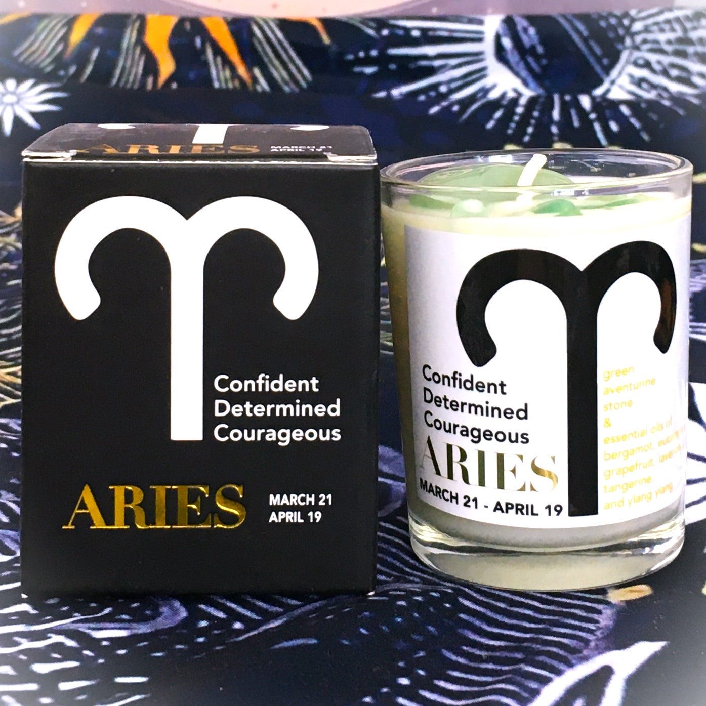 Aries Zodiac Candle with Green Aventurine Stone Essential Oil Soy Wax Candle Small