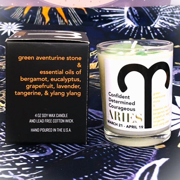 Aries Zodiac Candle with Green Aventurine Stone Essential Oil Soy Wax Candle Small