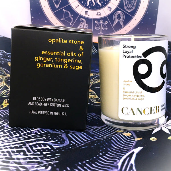 Cancer Zodiac Candle with Opalite Stone Essential Oil Soy Wax Candle Large