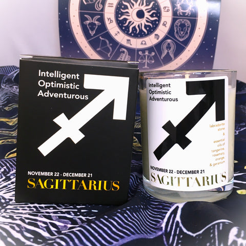 Sagittarius Zodiac Candle with Labradorite Stone 10oz, Essential Oil Soy Wax Candle