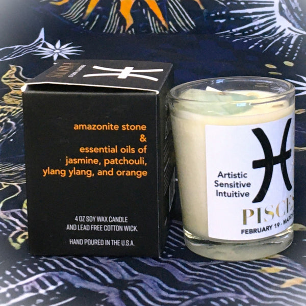 Pisces Zodiac Candle with  Amazonite Stone Essential Oil Soy Wax Candle Small