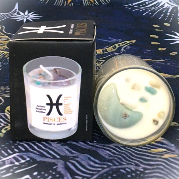 Pisces Zodiac Candle with  Amazonite Stone Essential Oil Soy Wax Candle Small