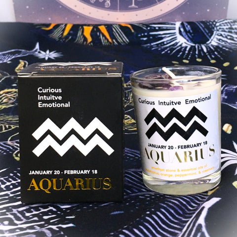 Aquarius Zodiac Candle with Amethyst Stone Essential Oil Soy Wax Candle Small