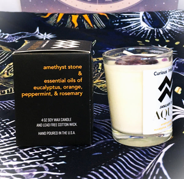 Aquarius Zodiac Candle with Amethyst Stone Essential Oil Soy Wax Candle Small