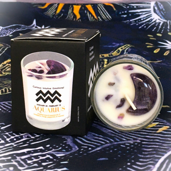 Aquarius Zodiac Candle with Amethyst Stone Essential Oil Soy Wax Candle Small
