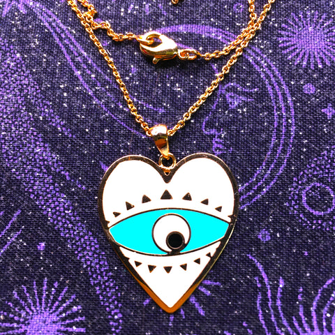 Heart White enamel Evil Eye Pendant gold plated Necklace