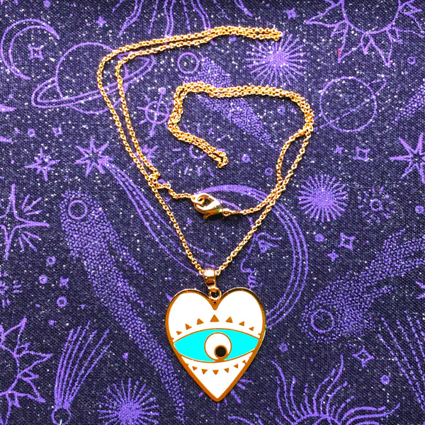 Heart White enamel Evil Eye Pendant gold plated Necklace