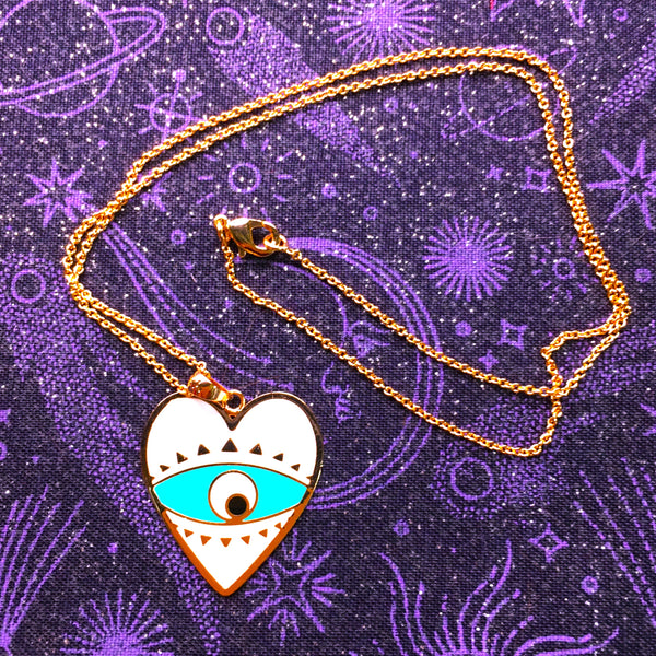 Heart White enamel Evil Eye Pendant gold plated Necklace