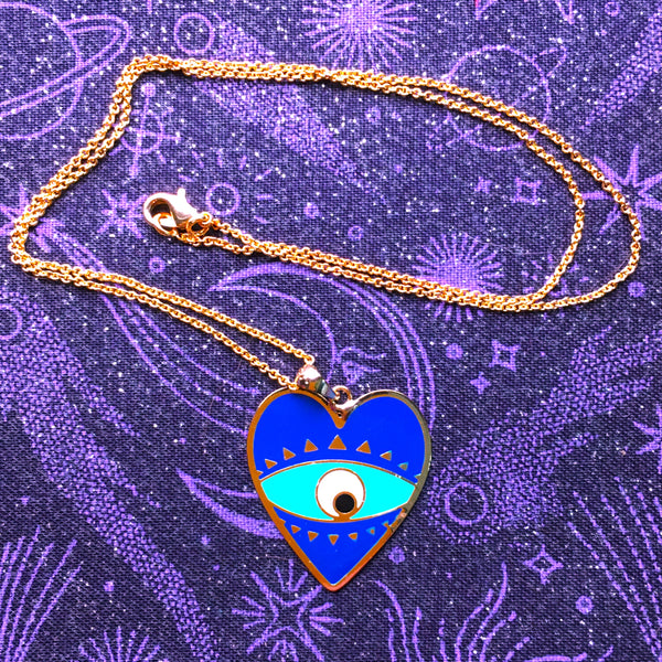 Heart dark blue enamel Evil Eye Pendant gold plated Necklace