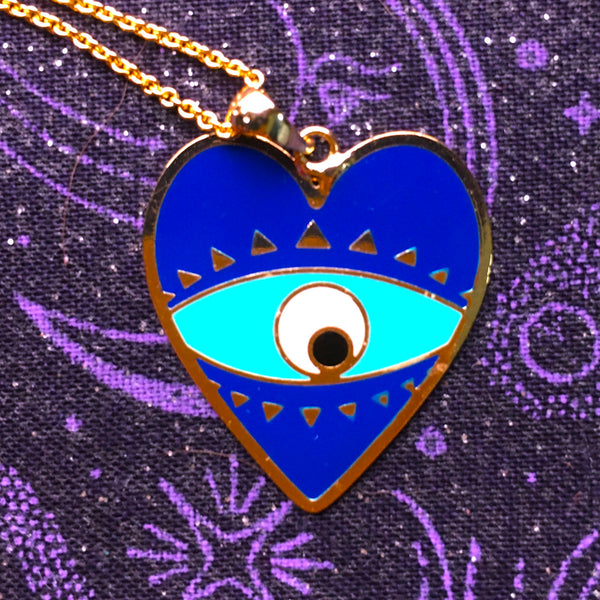 Heart dark blue enamel Evil Eye Pendant gold plated Necklace