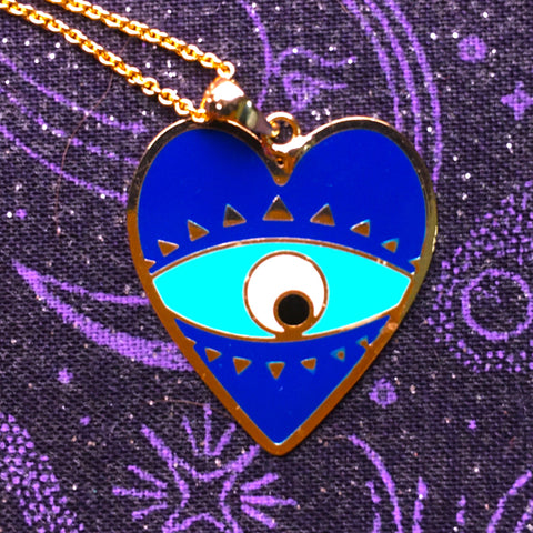 Heart dark blue enamel Evil Eye Pendant gold plated Necklace