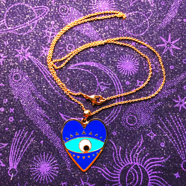 Heart dark blue enamel Evil Eye Pendant gold plated Necklace