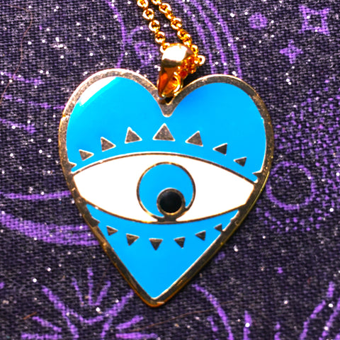 Heart light blue enamel Evil Eye Pendant gold plated Necklace
