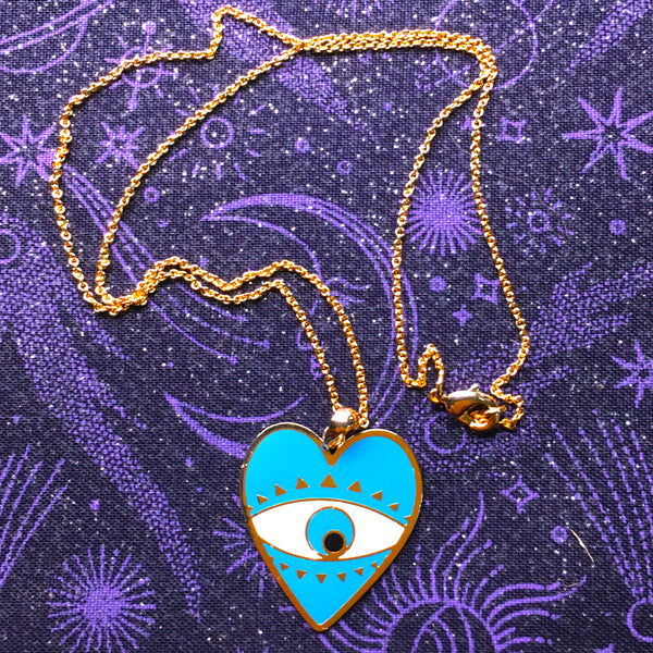 Heart light blue enamel Evil Eye Pendant gold plated Necklace
