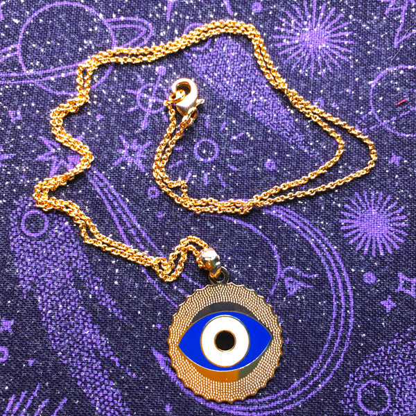 Dark Blue enamel Evil Eye Pendant gold plated Necklace