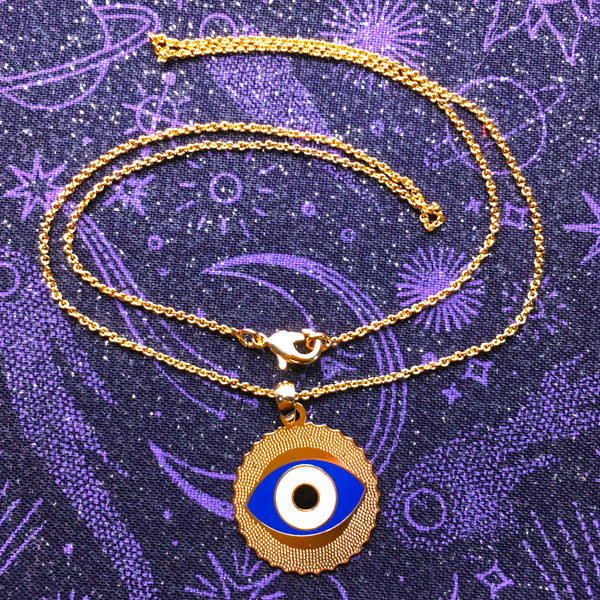 Dark Blue enamel Evil Eye Pendant gold plated Necklace