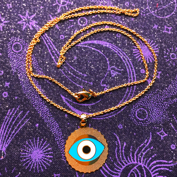 Light Blue enamel Evil Eye Pendant gold plated Necklace