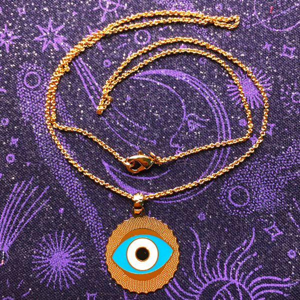 Light Blue enamel Evil Eye Pendant gold plated Necklace