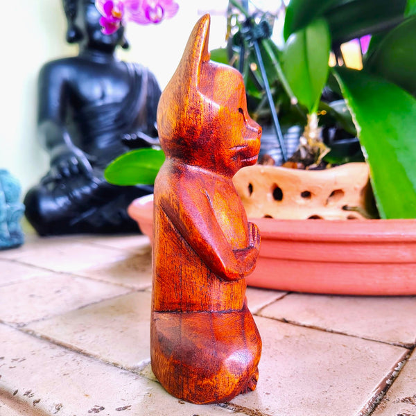 Meditating Praying Carved Yoga Cat Wood Statue Namaste Figurine
