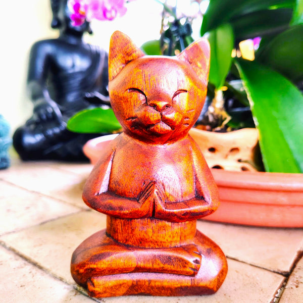 Meditating Praying Carved Yoga Cat Wood Statue Namaste Figurine