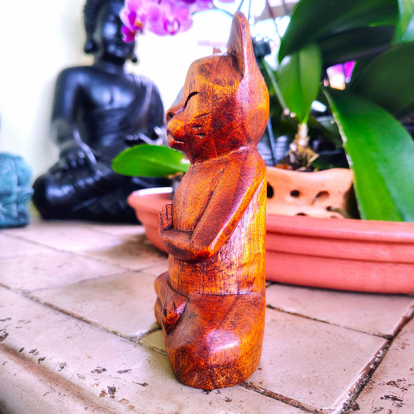 Meditating Praying Carved Yoga Cat Wood Statue Namaste Figurine