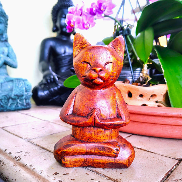 Meditating Praying Carved Yoga Cat Wood Statue Namaste Figurine