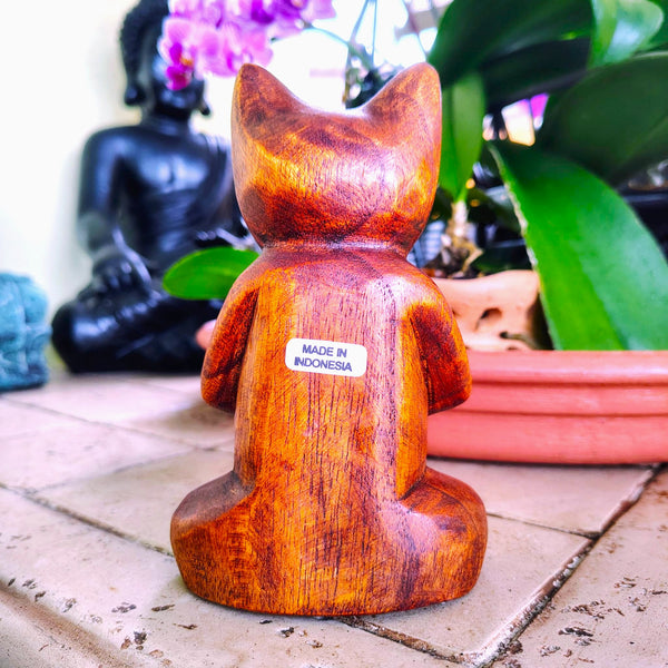 Meditating Praying Carved Yoga Cat Wood Statue Namaste Figurine