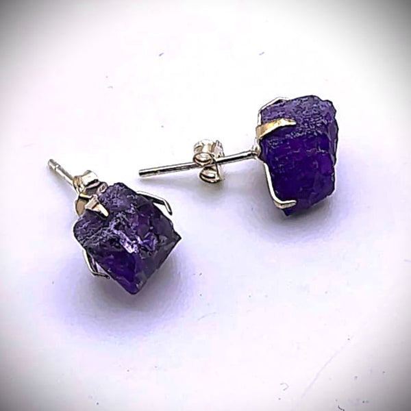 Natural Raw Cut Amethyst stud Earrings by Gypsy Moon