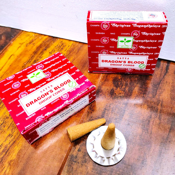 Satya Dragon's Blood Dhoop Incense Cones, 12 Dhoop cones with Stand