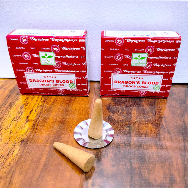 Satya Dragon's Blood Dhoop Incense Cones, 12 Dhoop cones with Stand