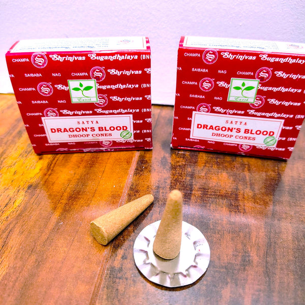 Satya Dragon's Blood Dhoop Incense Cones, 12 Dhoop cones with Stand