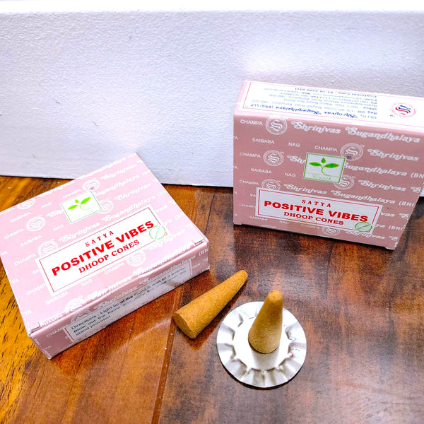Satya Positive Vibes Nag Champa Dhoop Incense Cones, 12 Dhoop cones with Stand