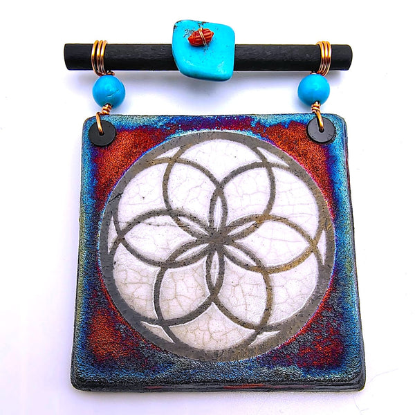 Raku Mini Dreamcatcher Tile Seed of Life Glazed with Turquoise and Copper 3"