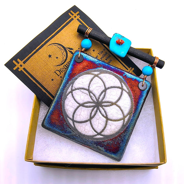 Raku Mini Dreamcatcher Tile Seed of Life Glazed with Turquoise and Copper 3"