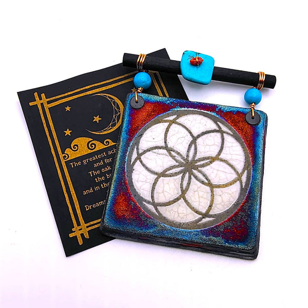 Raku Mini Dreamcatcher Tile Seed of Life Glazed with Turquoise and Copper 3"