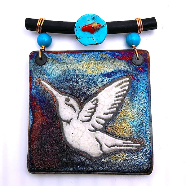 Raku Mini Dreamcatcher Tile Hummingbird Glazed with Turquoise and Copper 3"