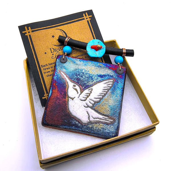 Raku Mini Dreamcatcher Tile Hummingbird Glazed with Turquoise and Copper 3"