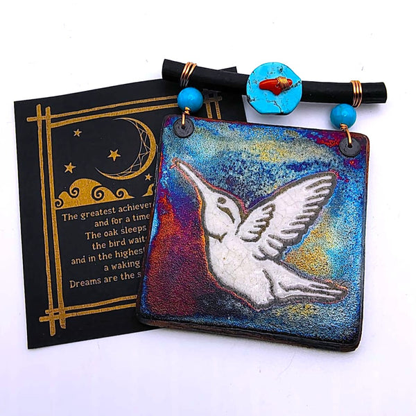 Raku Mini Dreamcatcher Tile Hummingbird Glazed with Turquoise and Copper 3"
