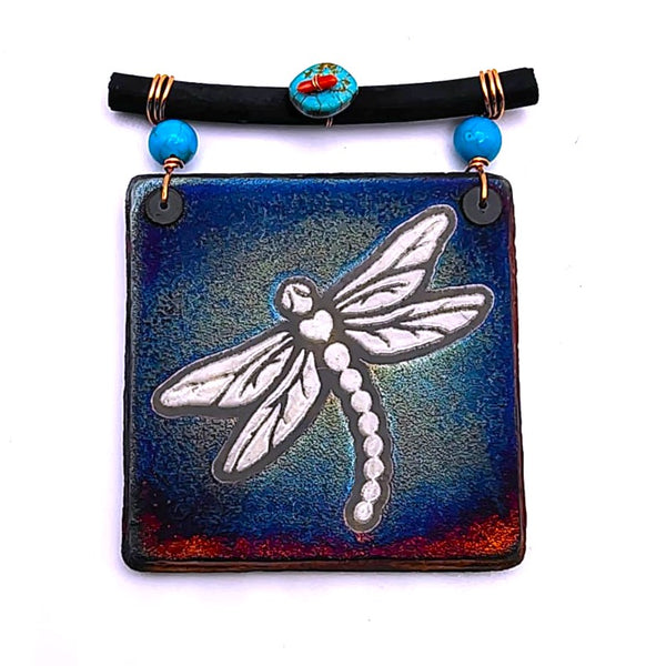 Raku Mini Dreamcatcher Tile Dragonfly Glazed with Turquoise and Copper 3"