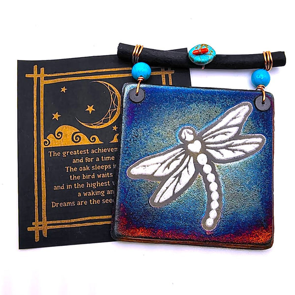 Raku Mini Dreamcatcher Tile Dragonfly Glazed with Turquoise and Copper 3"