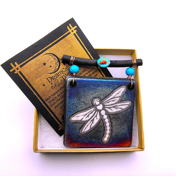 Raku Mini Dreamcatcher Tile Dragonfly Glazed with Turquoise and Copper 3"
