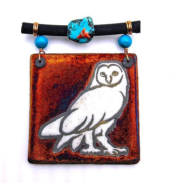 Raku Mini Dreamcatcher Tile Owl Glazed with Turquoise and Copper 3"