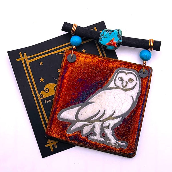 Raku Mini Dreamcatcher Tile Owl Glazed with Turquoise and Copper 3"
