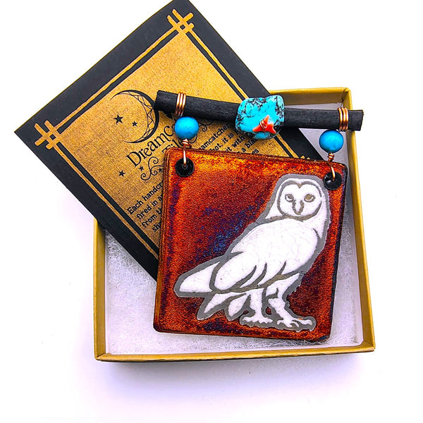 Raku Mini Dreamcatcher Tile Owl Glazed with Turquoise and Copper 3"
