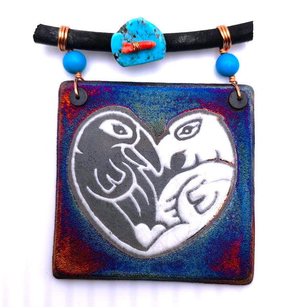 Raku Mini Dreamcatcher Tile Lovebirds Glazed with Turquoise and Copper 3"