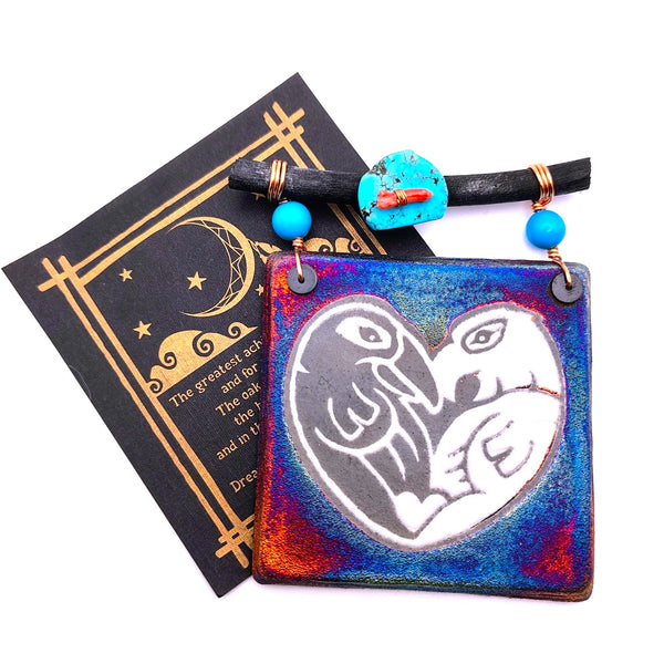 Raku Mini Dreamcatcher Tile Lovebirds Glazed with Turquoise and Copper 3"