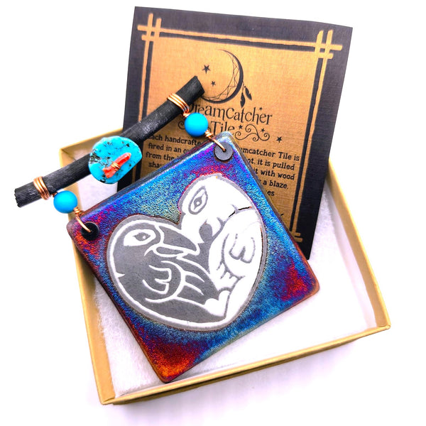 Raku Mini Dreamcatcher Tile Lovebirds Glazed with Turquoise and Copper 3"