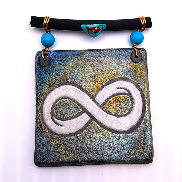 Raku Mini Dreamcatcher Tile Infinity Symbol Glazed with Turquoise and Copper 3"