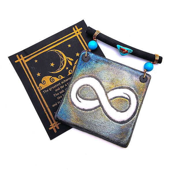Raku Mini Dreamcatcher Tile Infinity Symbol Glazed with Turquoise and Copper 3"