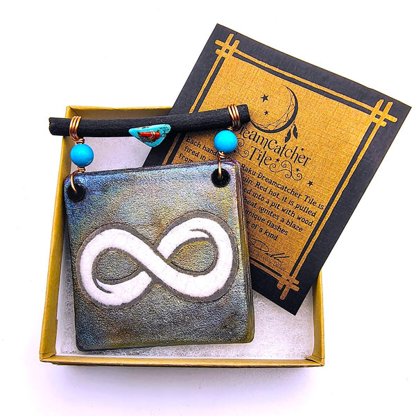 Raku Mini Dreamcatcher Tile Infinity Symbol Glazed with Turquoise and Copper 3"